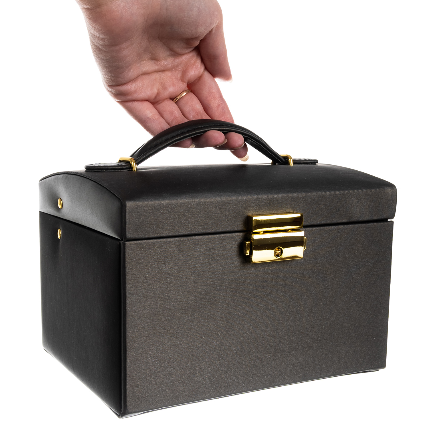 Elegant låsbart smykkeskrin med speil – svart PU-skinn