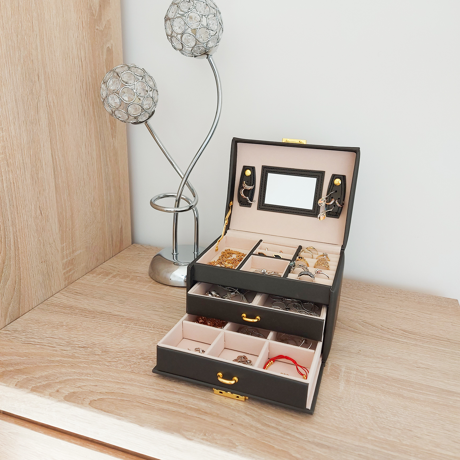 Elegant låsbart smykkeskrin med speil – svart PU-skinn