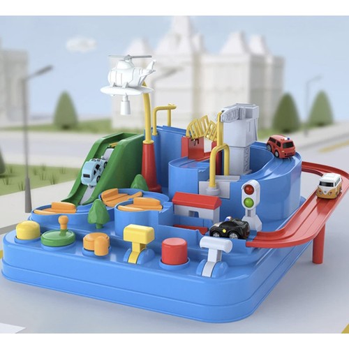 Spennende bilhinderbane – interaktivt lekesett med 4 biler, helikopter og bevegelige hinder