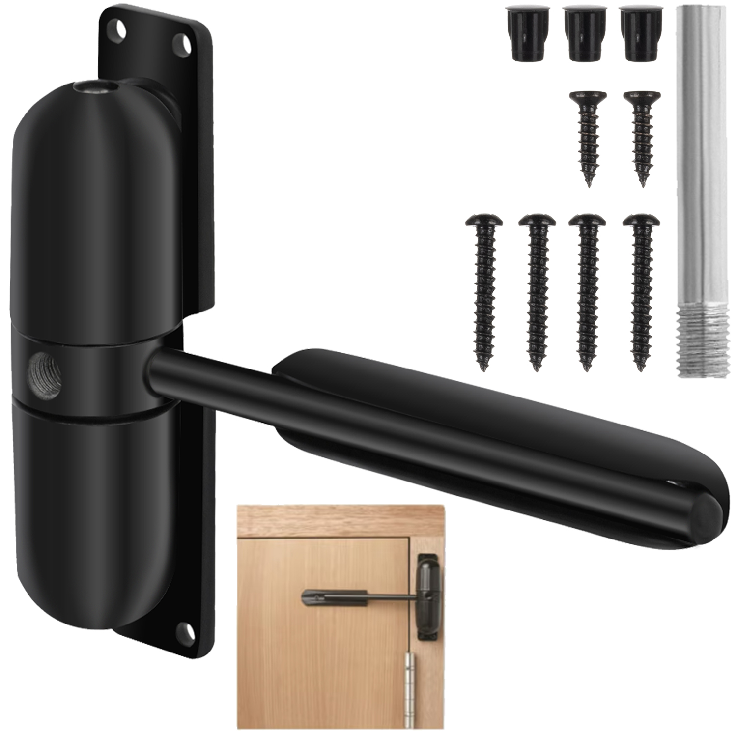 Robust dørlukker – svart design med arm, for stille og kontrollert lukking (opptil 60 kg)