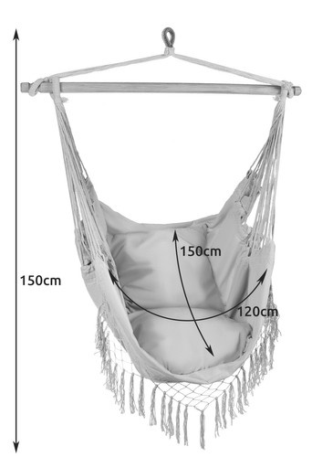 Grå brasiliansk hengestol – med trestang og to puter, for hage/terrasse/balkong