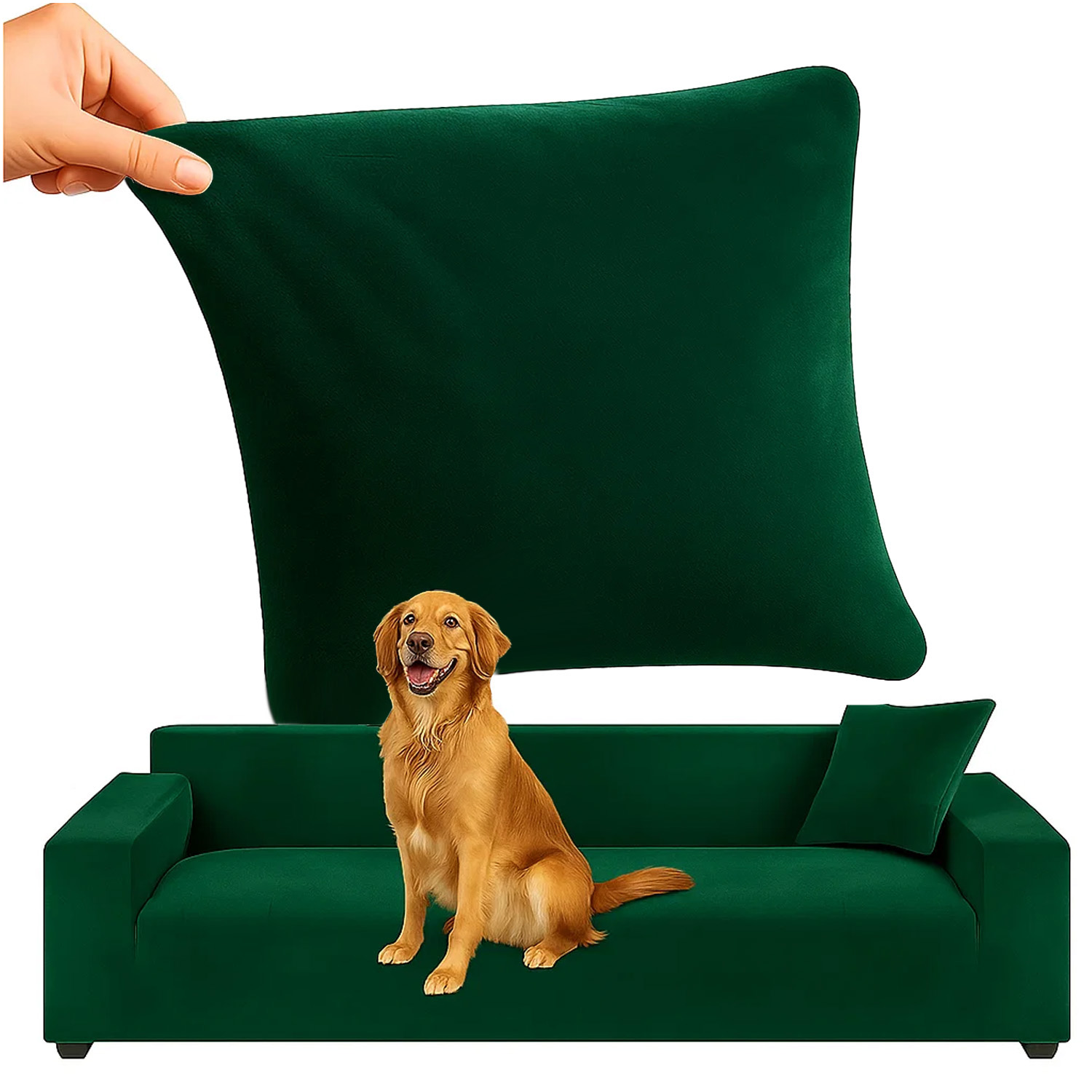 Vannett hjørnesofatrekk i elastisk velur – grønn, passer 190–230 cm