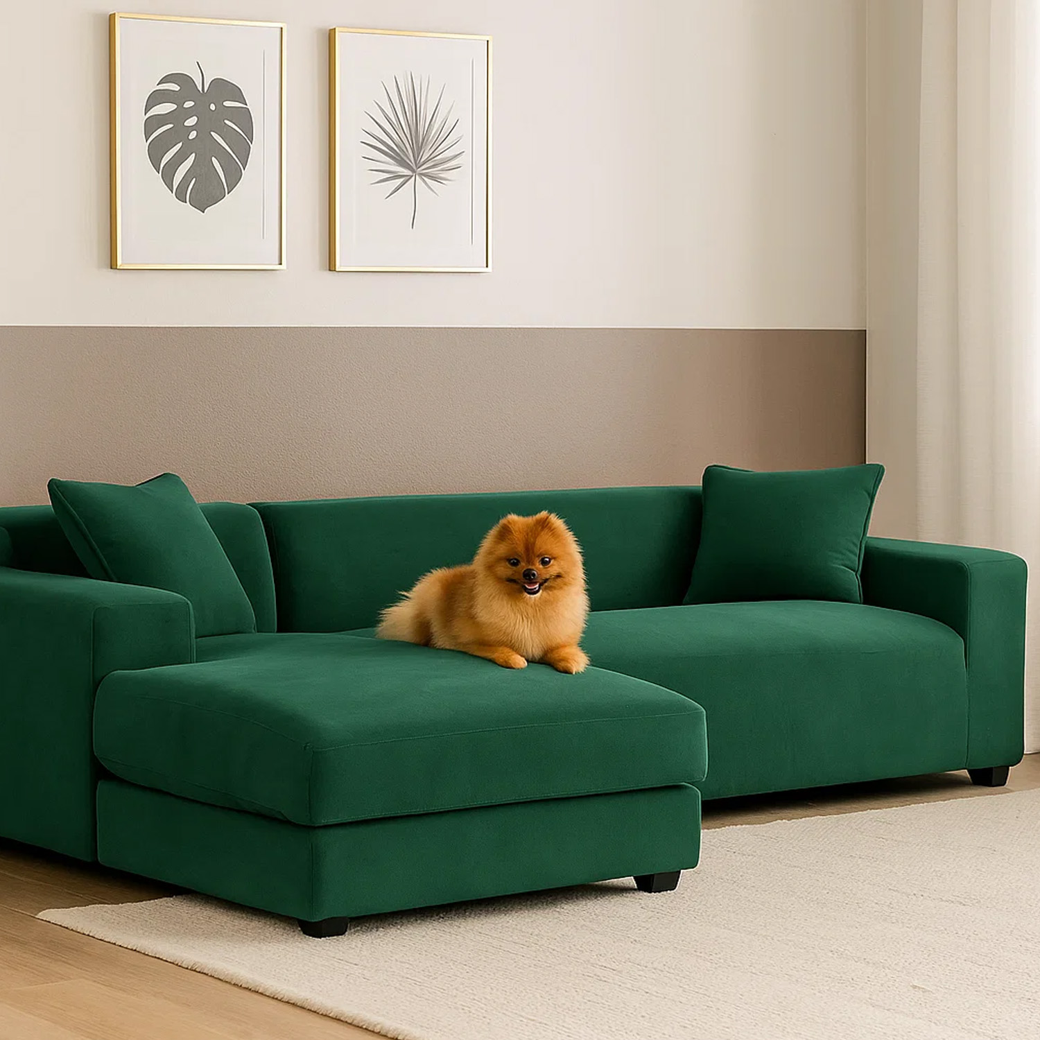 Vannett hjørnesofatrekk i elastisk velur – grønn, passer 190–230 cm