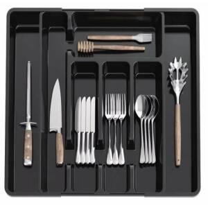 Justerbar bestikkskuff – uttrekkbar organisering i svart plast for kjøkkenskuffer