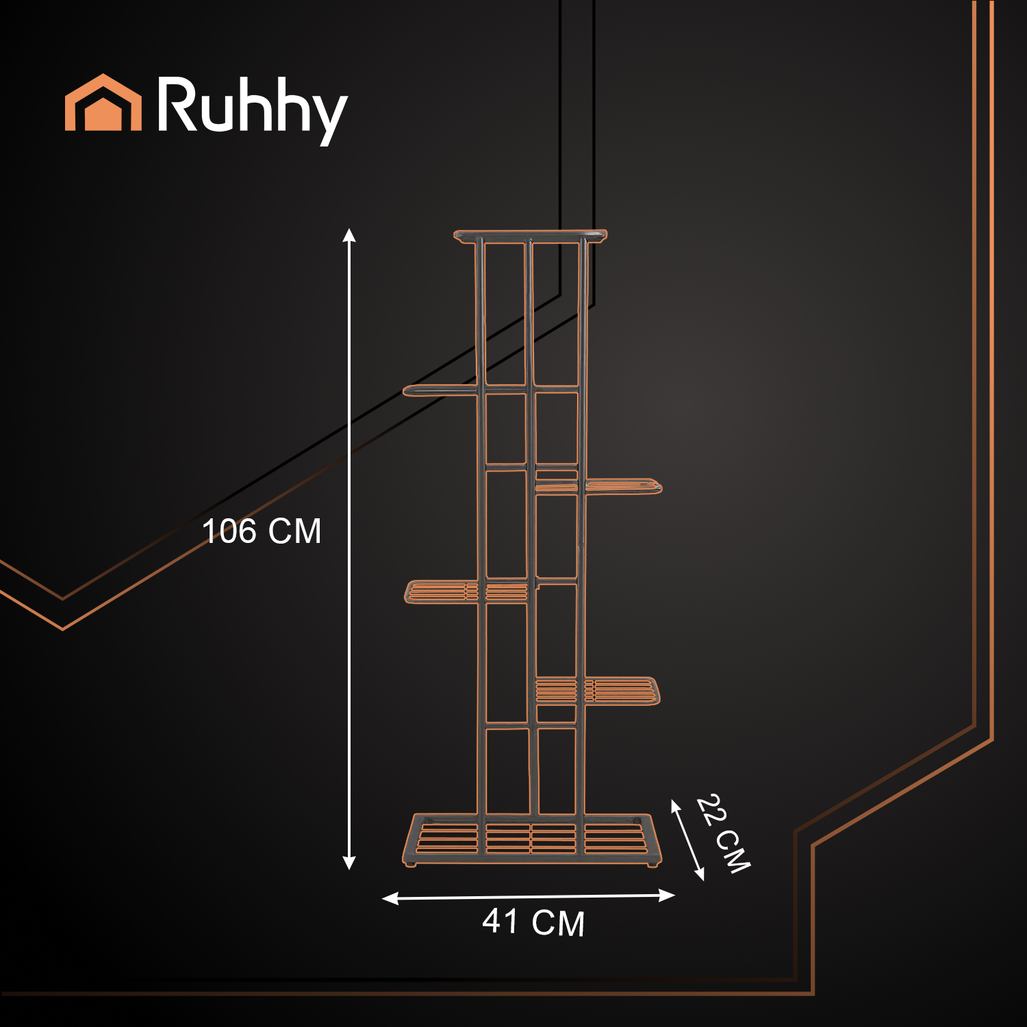 Stilrent plantestativ i metall med 6 hyller – 41 × 22 × 106 cm, svart