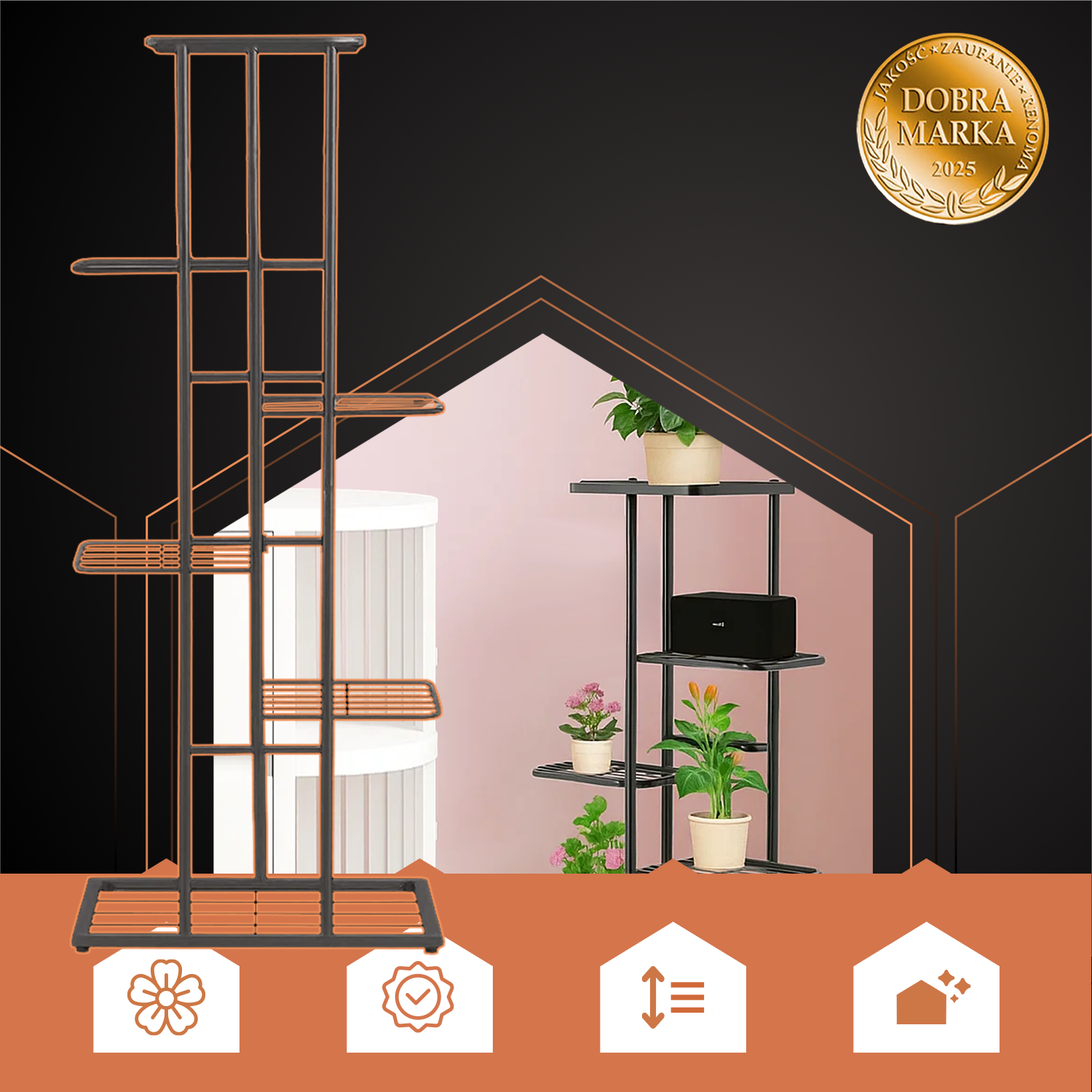 Stilrent plantestativ i metall med 6 hyller – 41 × 22 × 106 cm, svart