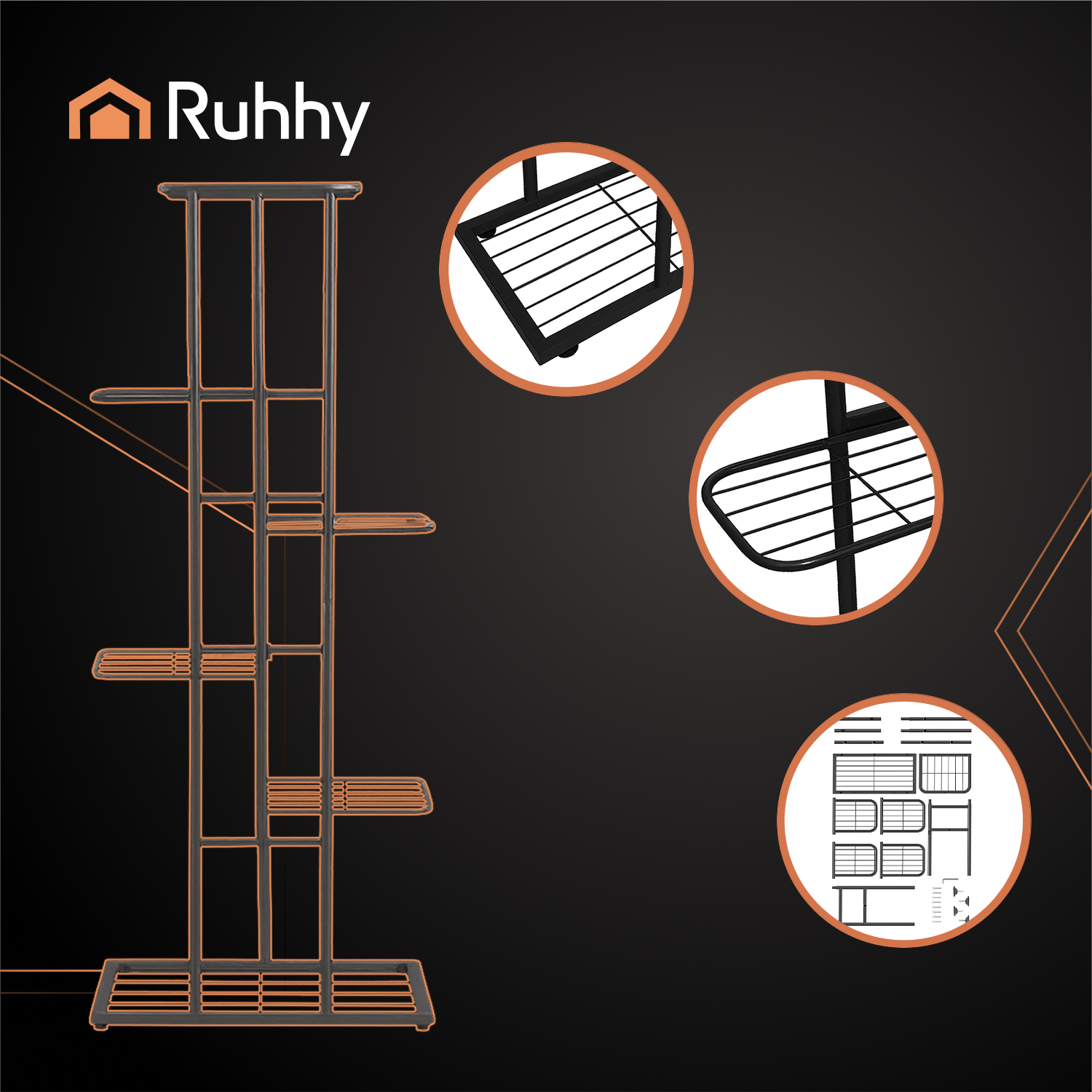 Stilrent plantestativ i metall med 6 hyller – 41 × 22 × 106 cm, svart