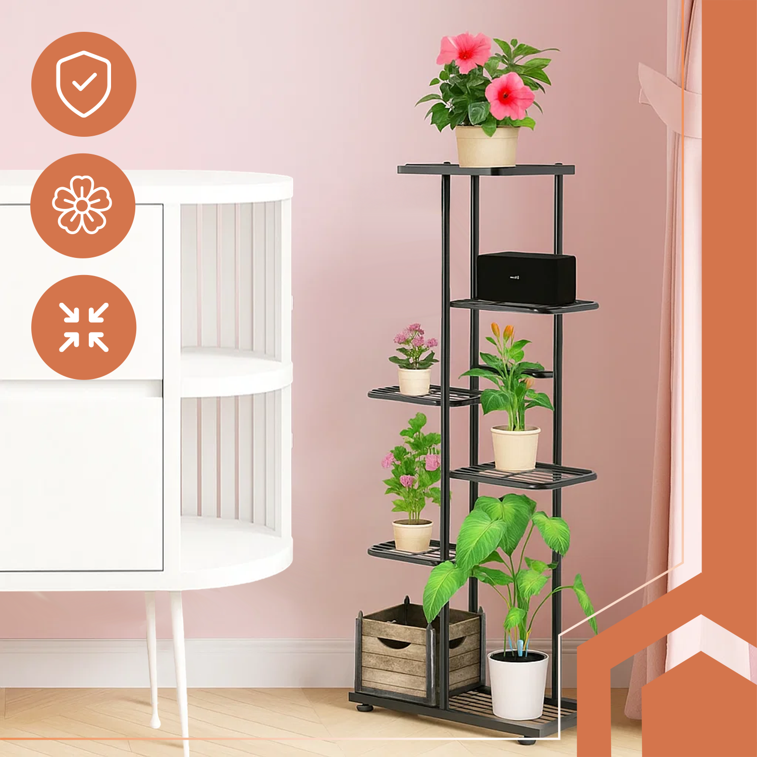 Stilrent plantestativ i metall med 6 hyller – 41 × 22 × 106 cm, svart