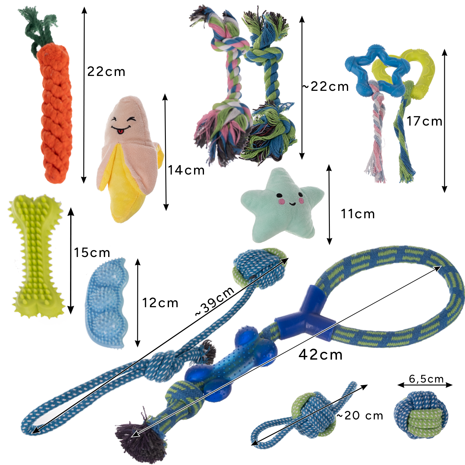 16-delt hundelekesett – tauleker, biteleker & praktisk tilbehør