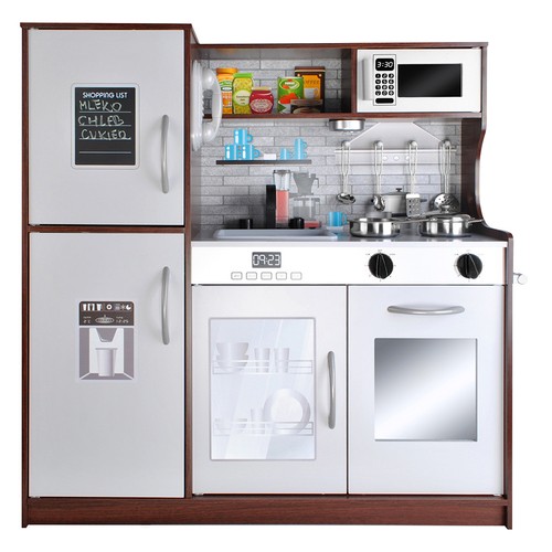 Lekekjøkken i tre med lyd, lys og tilbehør – stort barnekjøkken 80 × 24 × 80,5 cm, brun/grå
