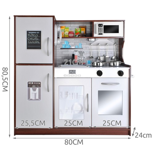 Lekekjøkken i tre med lyd, lys og tilbehør – stort barnekjøkken 80 × 24 × 80,5 cm, brun/grå