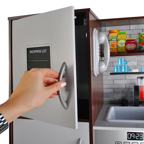 Lekekjøkken i tre med lyd, lys og tilbehør – stort barnekjøkken 80 × 24 × 80,5 cm, brun/grå