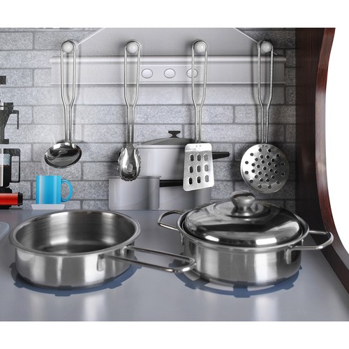 Lekekjøkken i tre med lyd, lys og tilbehør – stort barnekjøkken 80 × 24 × 80,5 cm, brun/grå