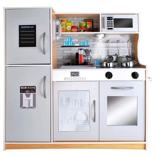 Stort trelekekjøkken med tilbehør, lys & lyd – 80 × 24 × 80,5 cm (eik/grå)