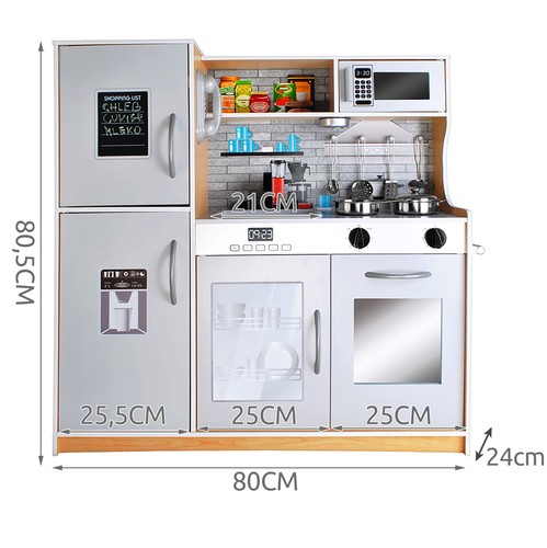 Stort trelekekjøkken med tilbehør, lys & lyd – 80 × 24 × 80,5 cm (eik/grå)