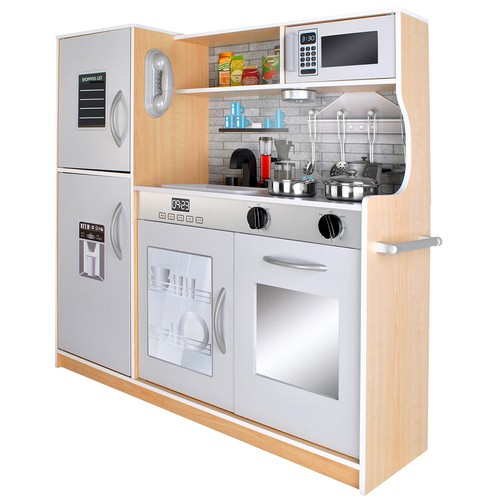 Stort trelekekjøkken med tilbehør, lys & lyd – 80 × 24 × 80,5 cm (eik/grå)