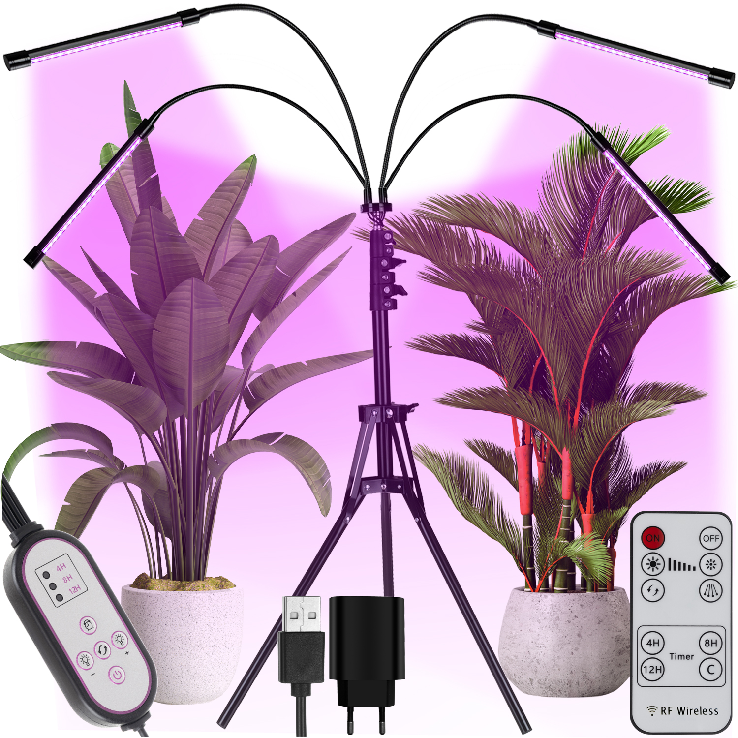 LED-plante lampe med stativ – 4 bøybare armer, 20 lamper