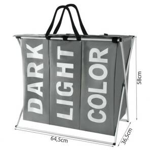 Skittentøyskurv med tre rom – ekstra stor 130 L, grå