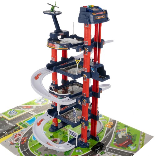 Lekegarasje med 4 nivåer – heis, lys & lyd inkl. biler og helikopter