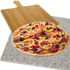 Pizzastein i granitt med pizzaspade i bambus – 2-i-1 sett