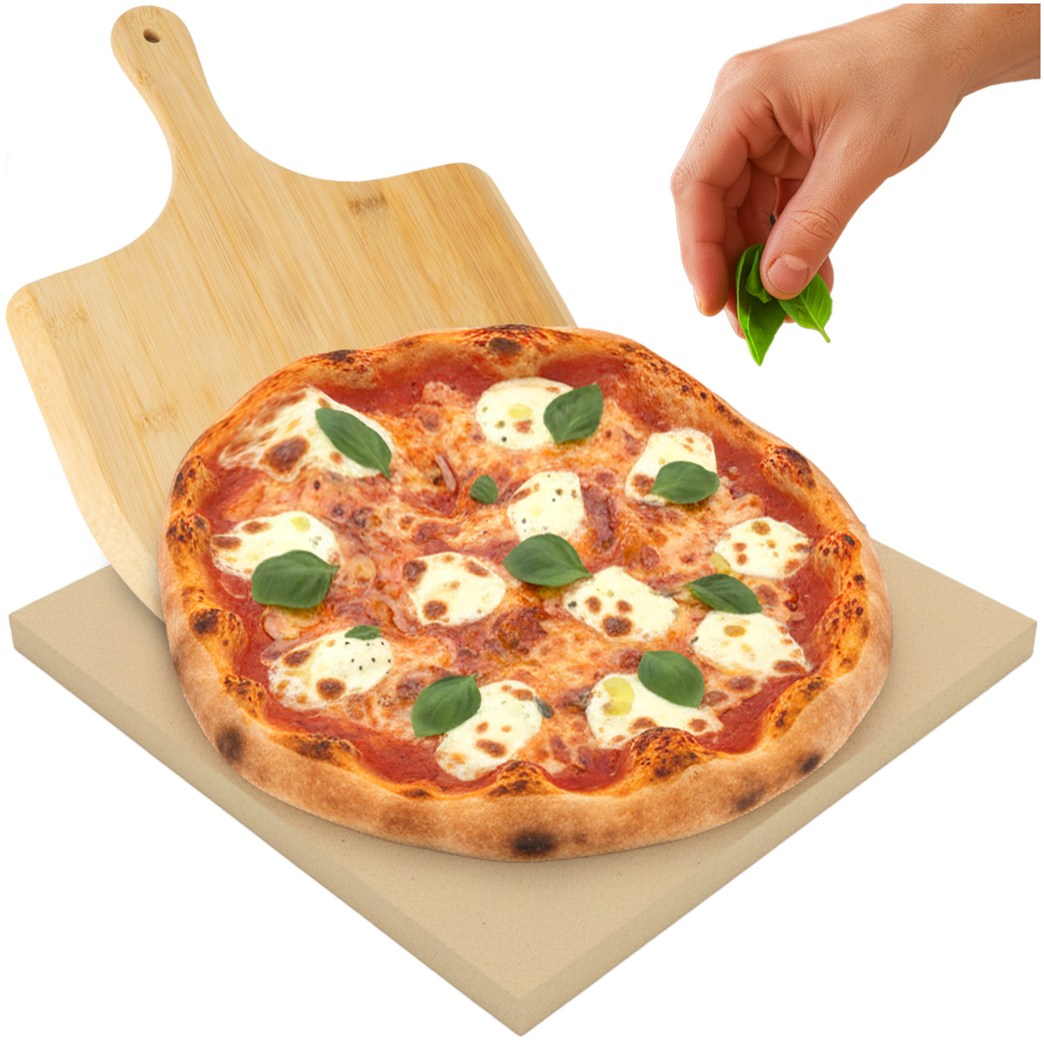 XXL pizzastein 38 × 36 cm med bambusspade 2-i-1 brett