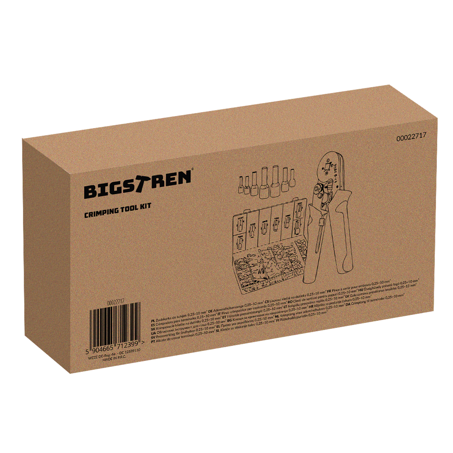 Crimptang med 1200 endehylser for kabeldimensjoner 0,25–10 mm²