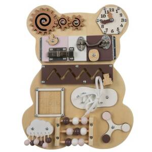 Montessori aktivitetsbrett i tre – 14-i-1 manipulasjonsleke i form av en bamse