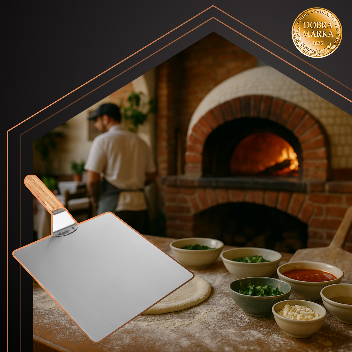 Pizzaspade for ovn og grill 30 × 30 cm – rustfritt stål med treskaft