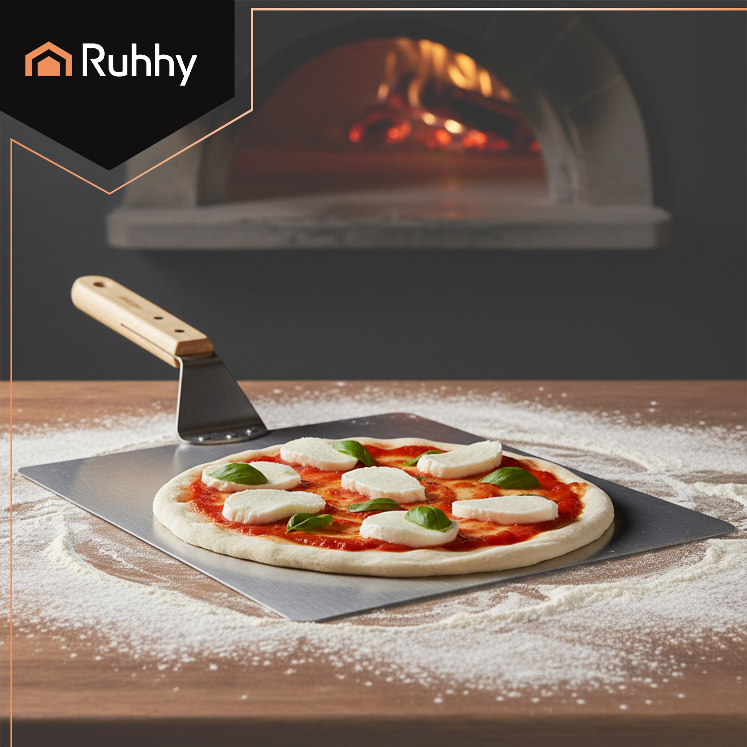 Pizzaspade for ovn og grill 30 × 30 cm – rustfritt stål med treskaft