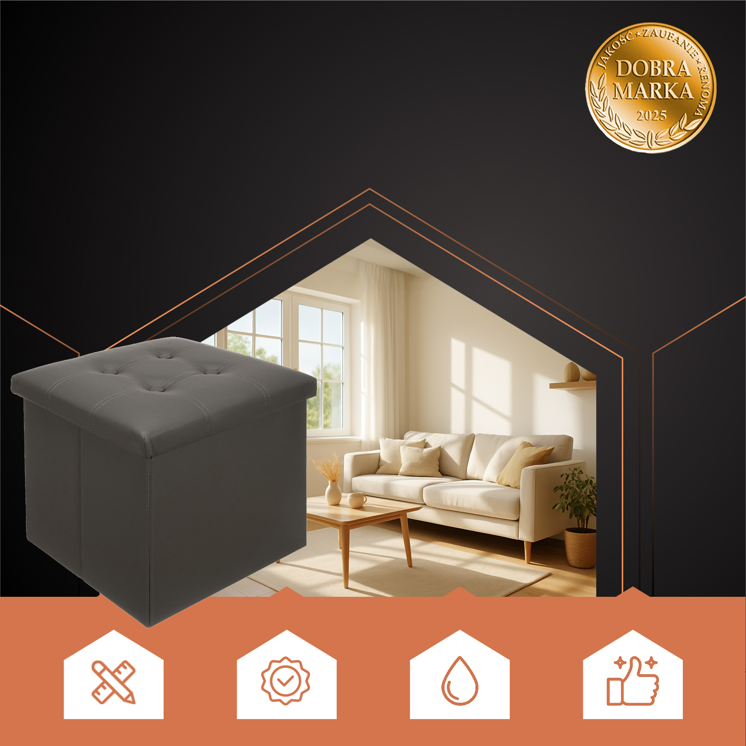 Grå sittepuff i økoskinn – sammenleggbar kube med romslig 39 L oppbevaring