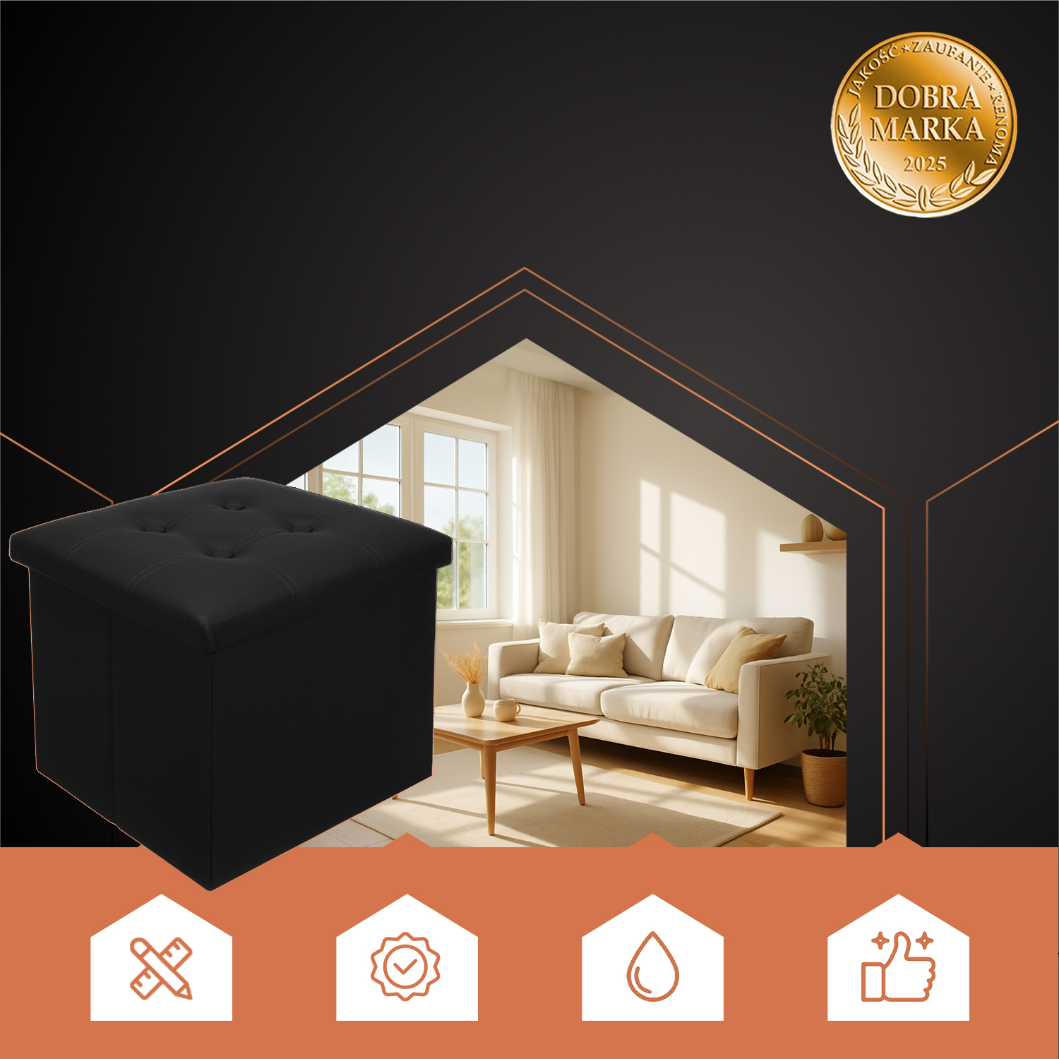 Sittepuff i økoskinn – sammenleggbar kube med smart oppbevaring, 39 L