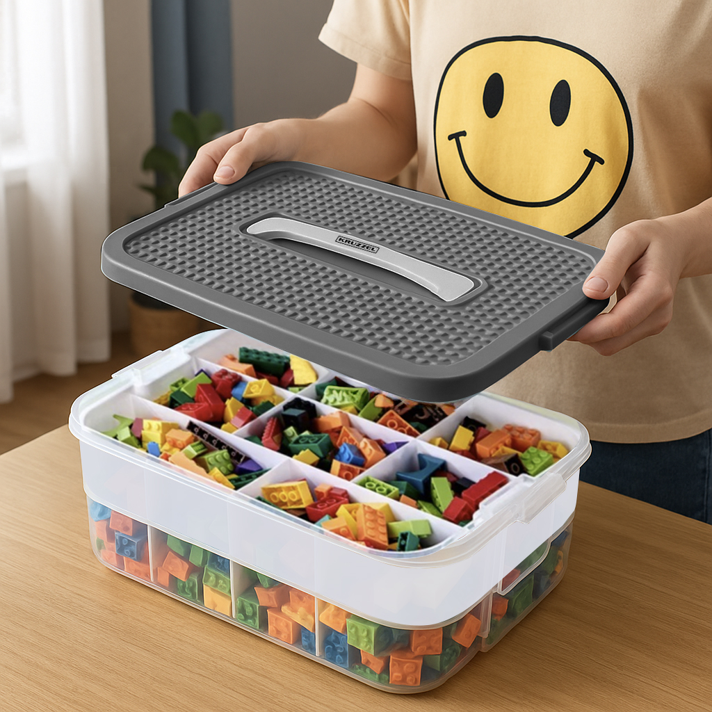 Stor 15 L organiseringsboks med rom – praktisk 2-etasjes beholder for klosser og tilbehør