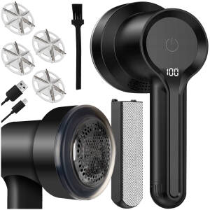 2-i-1 lofjerner og tekstilbørste – elektrisk, trådløs, kraftig og utstyrt med 4 rustfrie blader + tilbehør