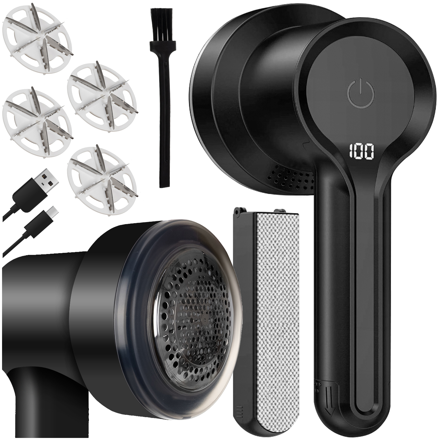 2-i-1 lofjerner og tekstilbørste – elektrisk, trådløs, kraftig og utstyrt med 4 rustfrie blader + tilbehør