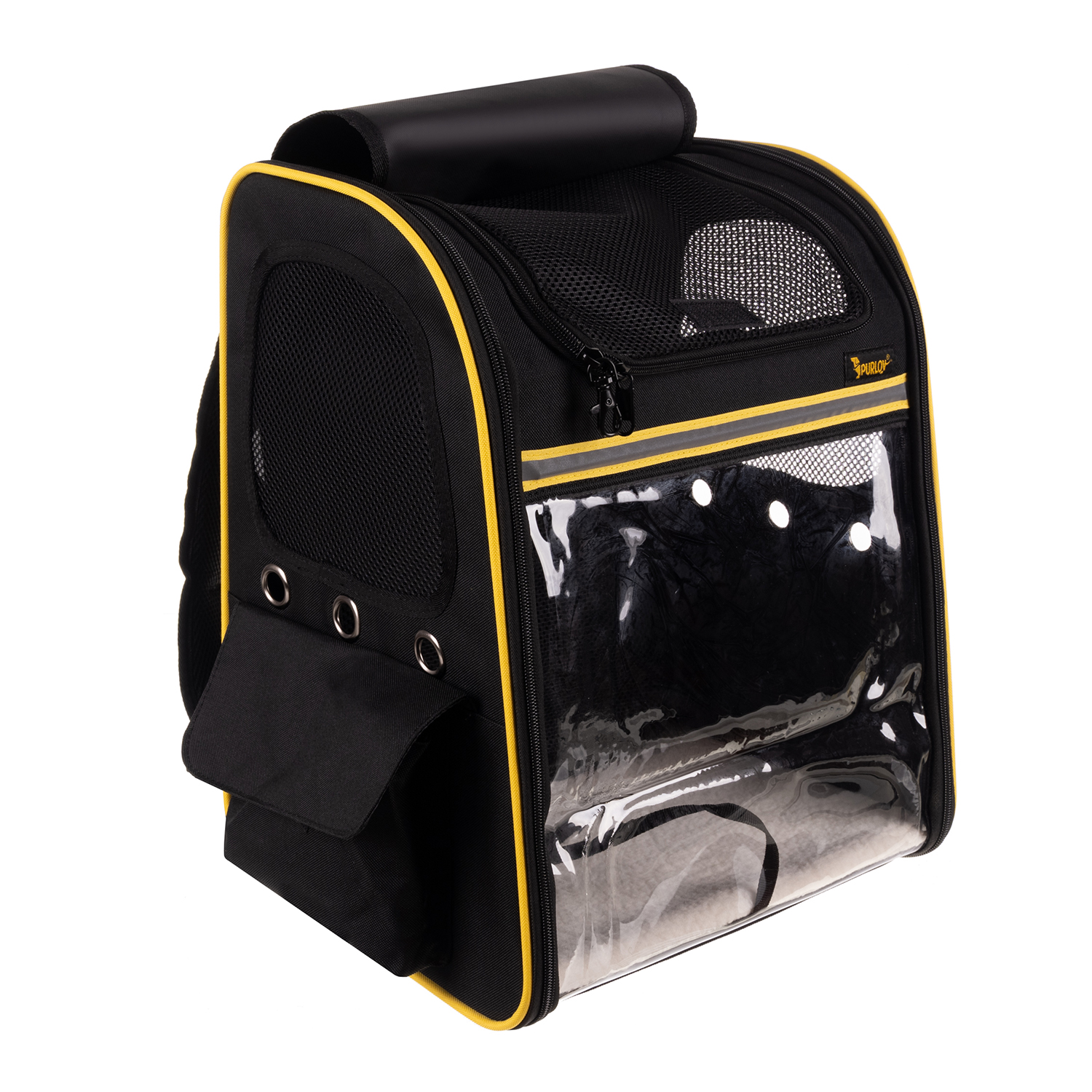 Ryggsekk for katt & hund – ventilert modell med lommer, gjennomsiktig front, 35×41,5×28 cm (maks 7 kg), svart