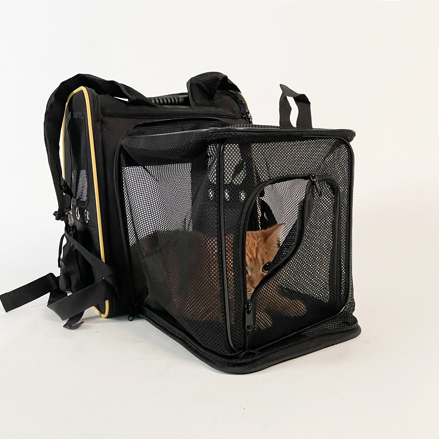 Ryggsekk for katt & hund – ventilert modell med lommer, gjennomsiktig front, 35×41,5×28 cm (maks 7 kg), svart