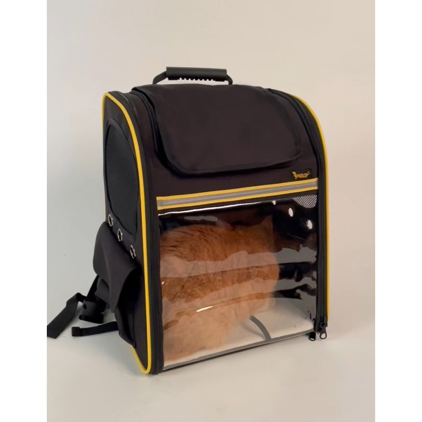 Ryggsekk for katt & hund – ventilert modell med lommer, gjennomsiktig front, 35×41,5×28 cm (maks 7 kg), svart
