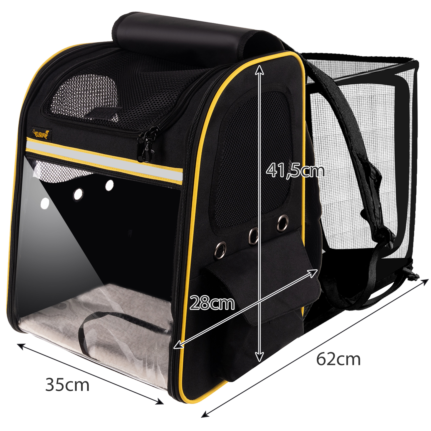 Ryggsekk for katt & hund – ventilert modell med lommer, gjennomsiktig front, 35×41,5×28 cm (maks 7 kg), svart