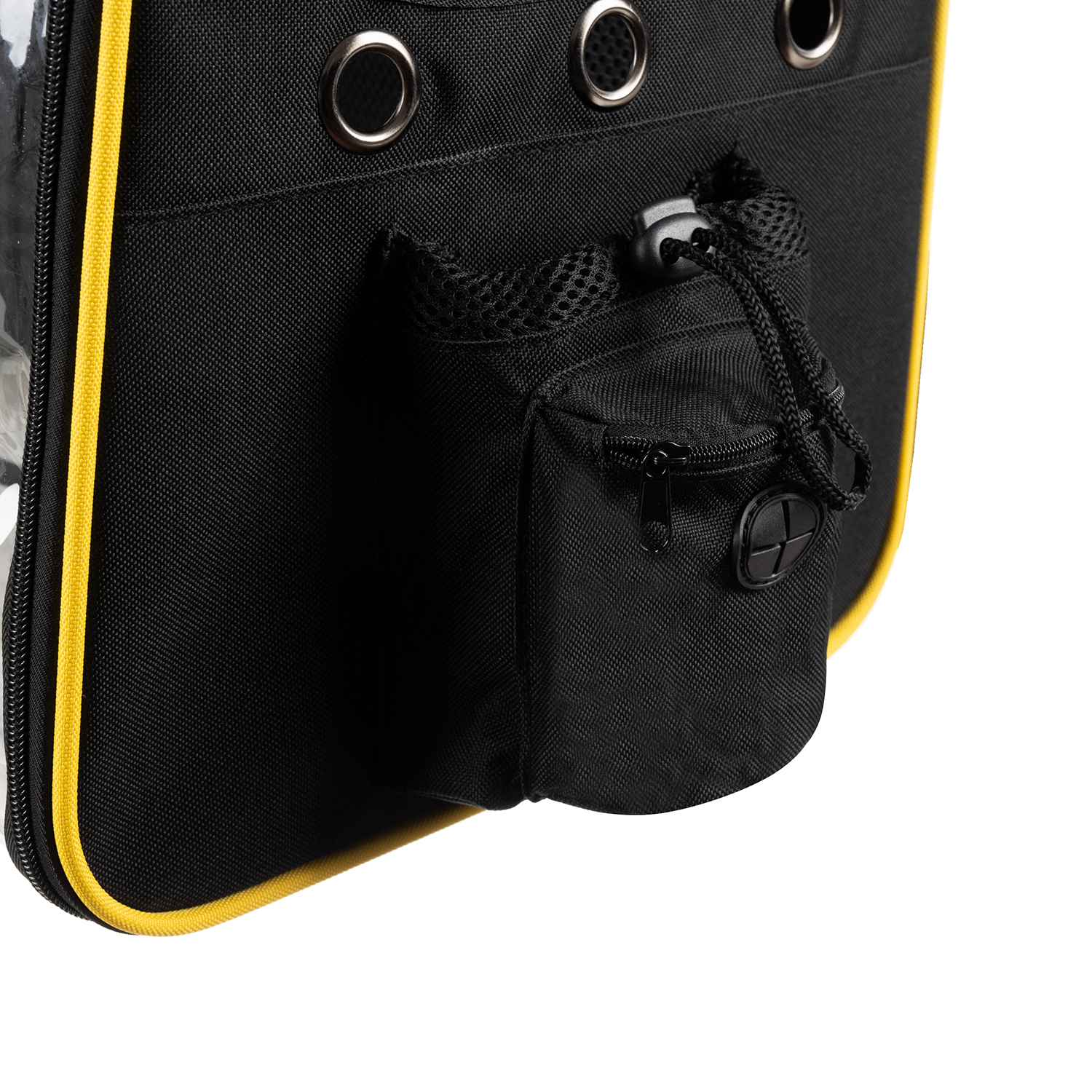 Ryggsekk for katt & hund – ventilert modell med lommer, gjennomsiktig front, 35×41,5×28 cm (maks 7 kg), svart