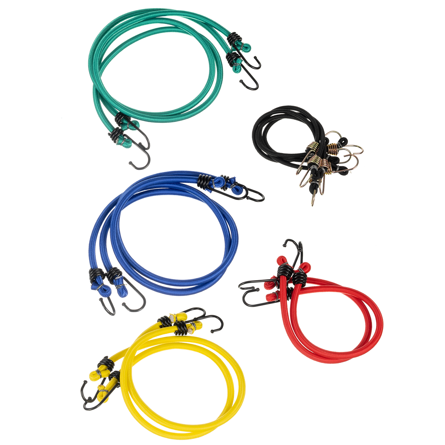 Transport-strikk med metallkroker – sett med 12 stk i blandede lengder