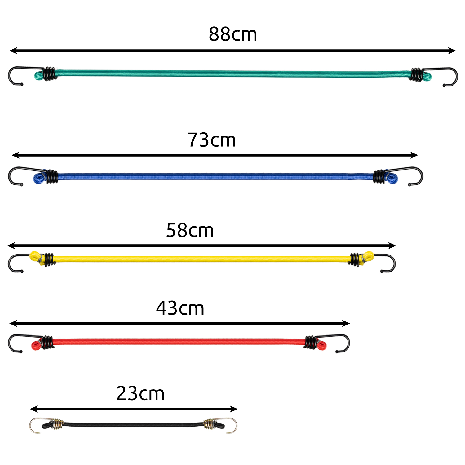 Transport-strikk med metallkroker – sett med 12 stk i blandede lengder