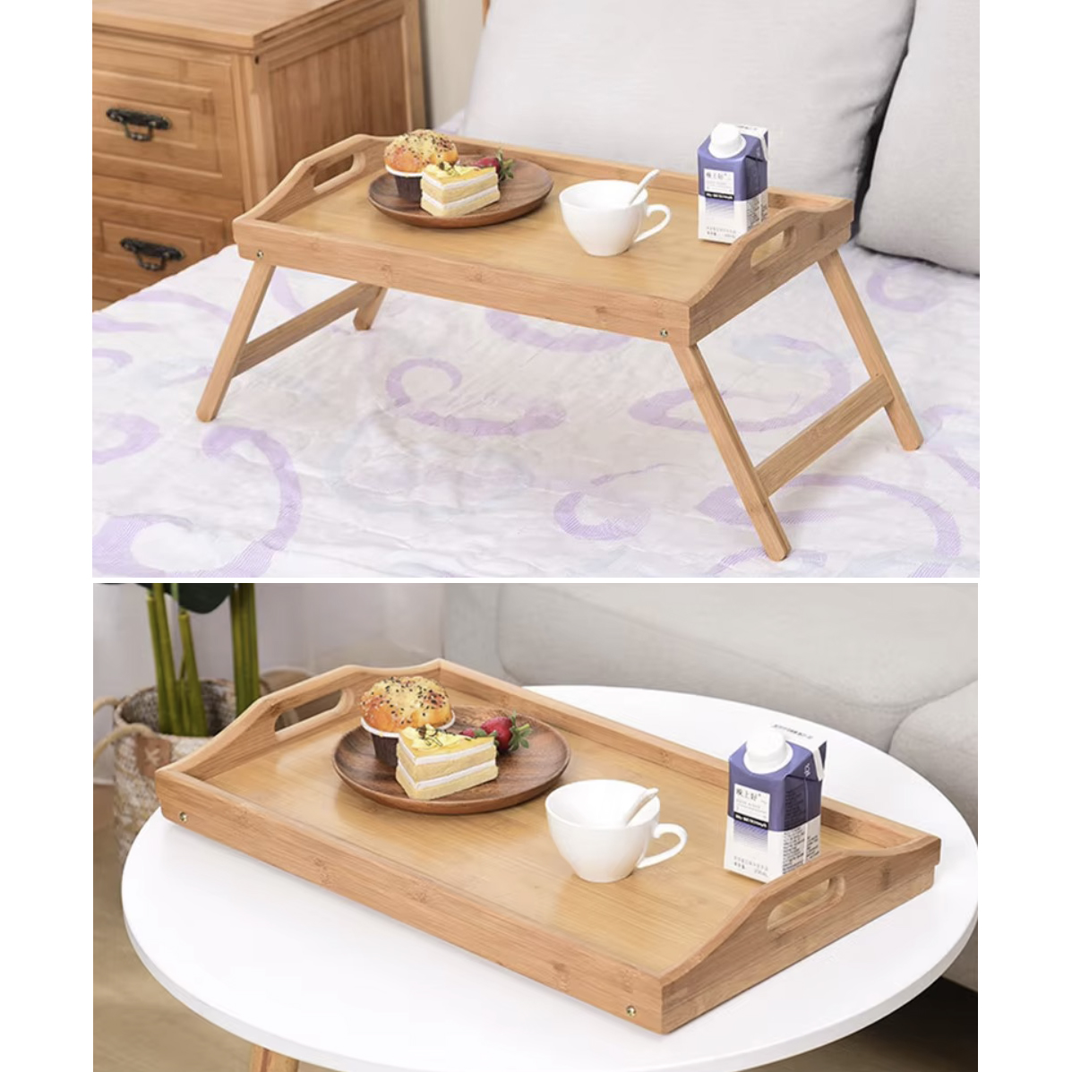 Bambus frokostbrett med sammenleggbare ben – 73 × 31 × 21 cm