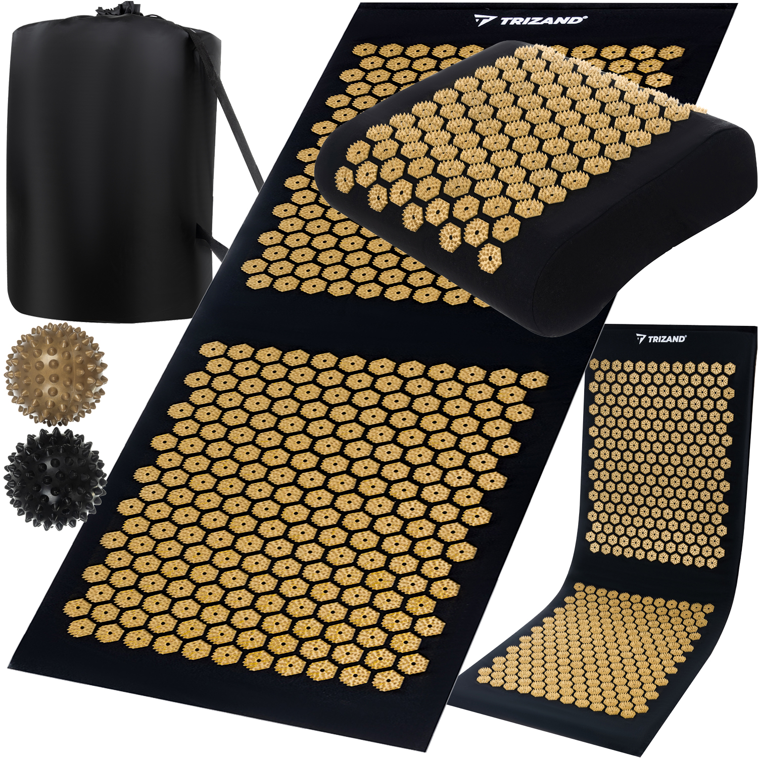 Akupressursett med matte, pute og massasjeballer – gull/svart