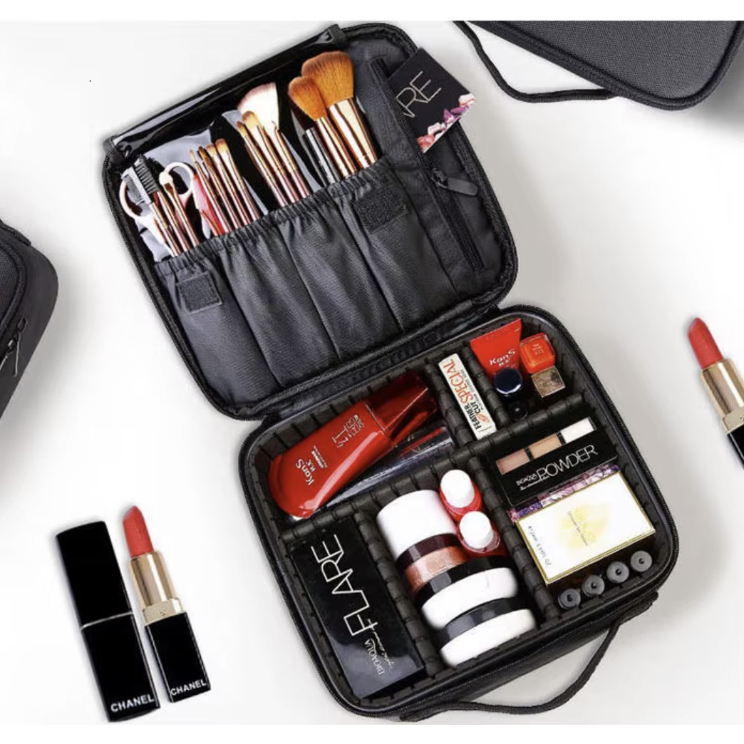 osmetikkveske – sminkeorganisator med rom 26 × 9 × 28 cm, svart