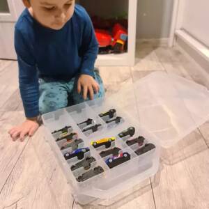 Oppbevaringskoffert for lekebiler – Transparent koffert med hylle for 46 biler