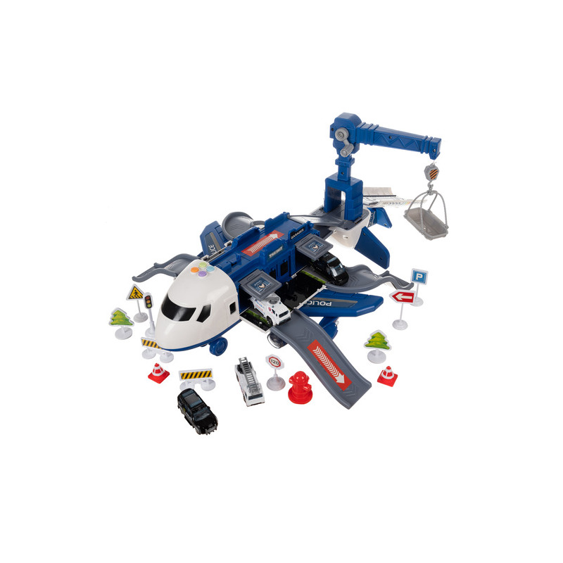 Politifly med 4 politibiler, rampe, kran og lys/lyd – 45 × 63 × 25 cm