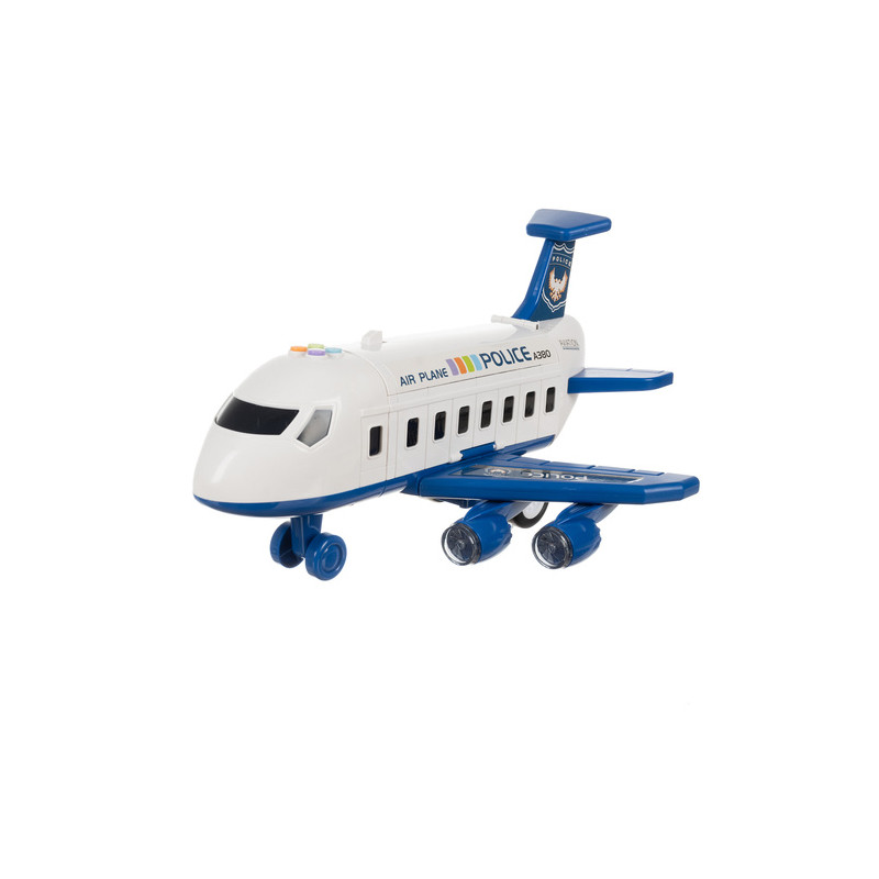 Politifly med 4 politibiler, rampe, kran og lys/lyd – 45 × 63 × 25 cm