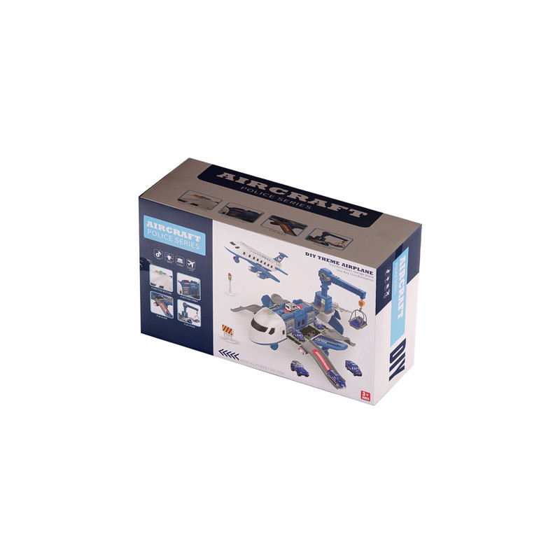 Politifly med 4 politibiler, rampe, kran og lys/lyd – 45 × 63 × 25 cm