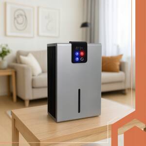 Sølv luftavfukter 2,2 L med hygrometer, hygrostat, LED-lys, timer og fjernkontroll – 21 × 15 × 36 cm