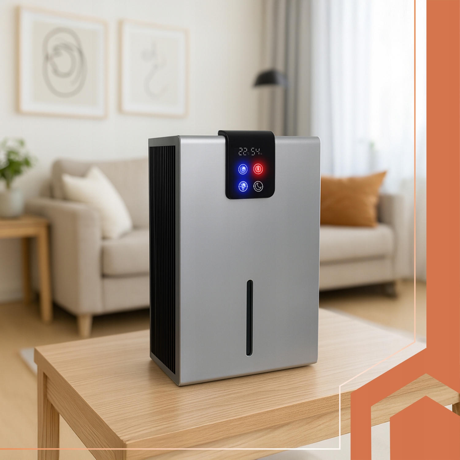 Sølv luftavfukter 2,2 L med hygrometer, hygrostat, LED-lys, timer og fjernkontroll – 21 × 15 × 36 cm